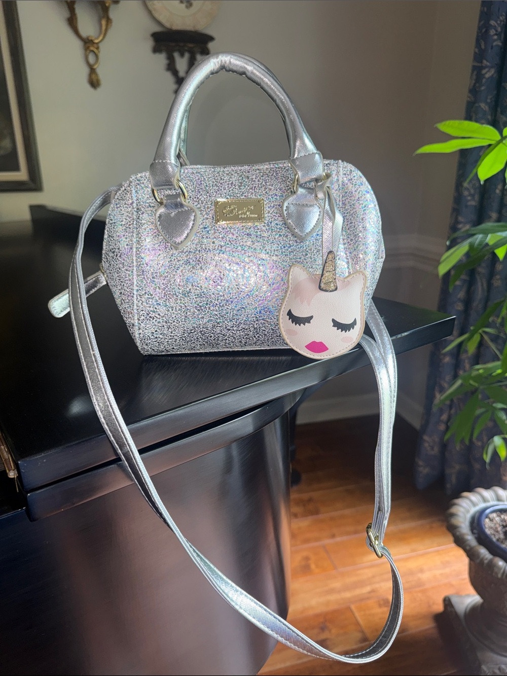 Luv Betsey Betsey Johnson LB Cora Silver Mini Satchel Long Strap bag charm